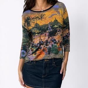 Take Two Paris Cafe Scenic Print Beaded Top 3/4 Sleeve Large